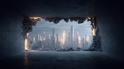 Wall breaking open to infinite cityscape, concrete gray, glow neon accents 