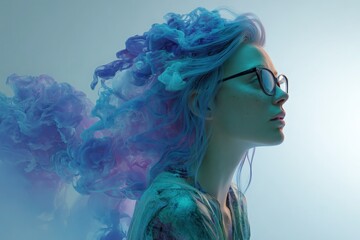 Woman with glass hair, housing entire dreamscapes within, colors of mint smoke and ultraviolet ink drifting through. 