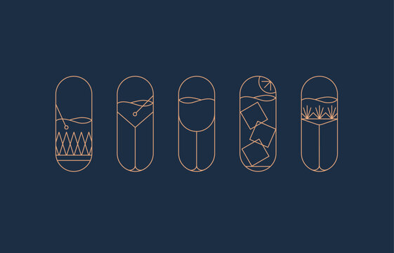 Art deco cocktail symbol set drawing in gold line style on blue background