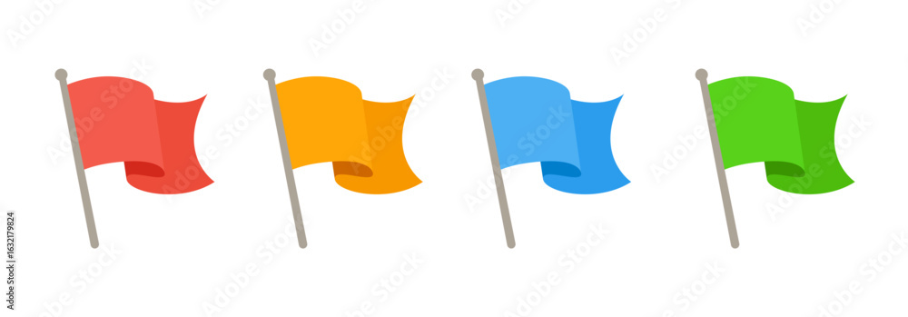 Poster set of colorful flags for marking locations on maps and navigation systems. red flag, yellow flag, b