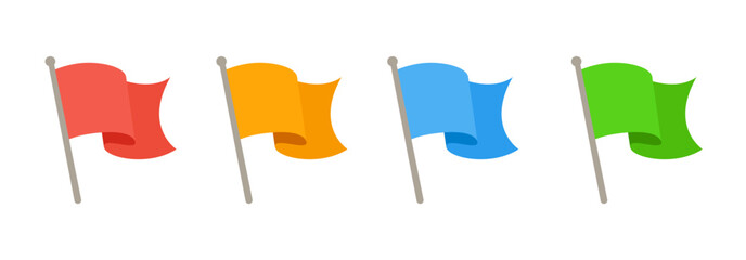 Set of colorful flags for marking locations on maps and navigation systems. Red flag, yellow flag, blue flag, green flag. Transparent background. Vector illustration.
