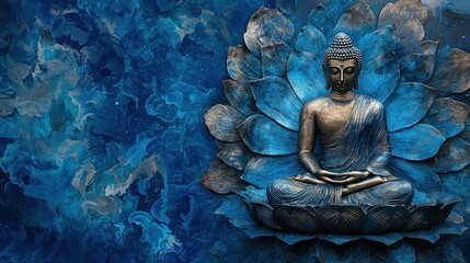 A serene Buddha statue surrounded by blue lotus petals on a blue and white abstract background.