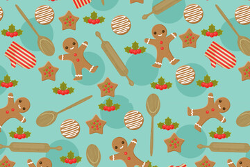 Christmas gingerbread cookies pattern – swatch available in swatches panel – seamless baking tools and festive holly background