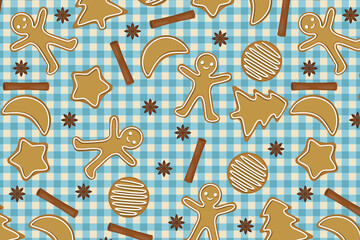 Christmas gingerbread cookie pattern – swatch available in swatches panel – seamless blue plaid background with cinnamon and spices