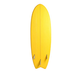 A vibrant yellow surfboard with fins visible, standing against a transparent background.