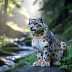 Naklejka premium Snow leopard sitting on rock near stream in forest