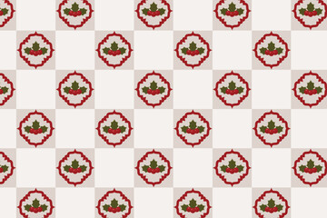 Holly berries tile pattern – swatch available in swatches panel – seamless Christmas checkerboard background with framed holly motif