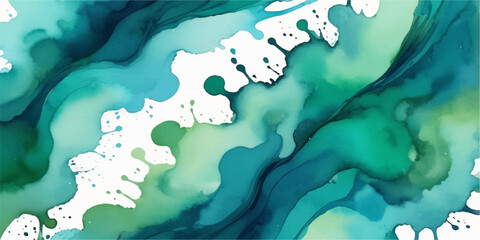 Abstract watercolor illustration of a blue world map with green continents © alien