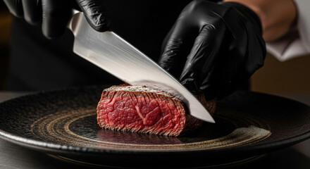 Chef slicing a gourmet rare beef steak in a fine dining restaurant. Extreme close-up on a juicy, perfectly cooked fillet being prepared on a dark plate with dramatic lighting