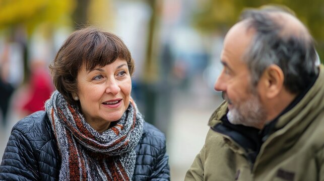 A middle-aged couple having a conversation outdoors in a park setting.