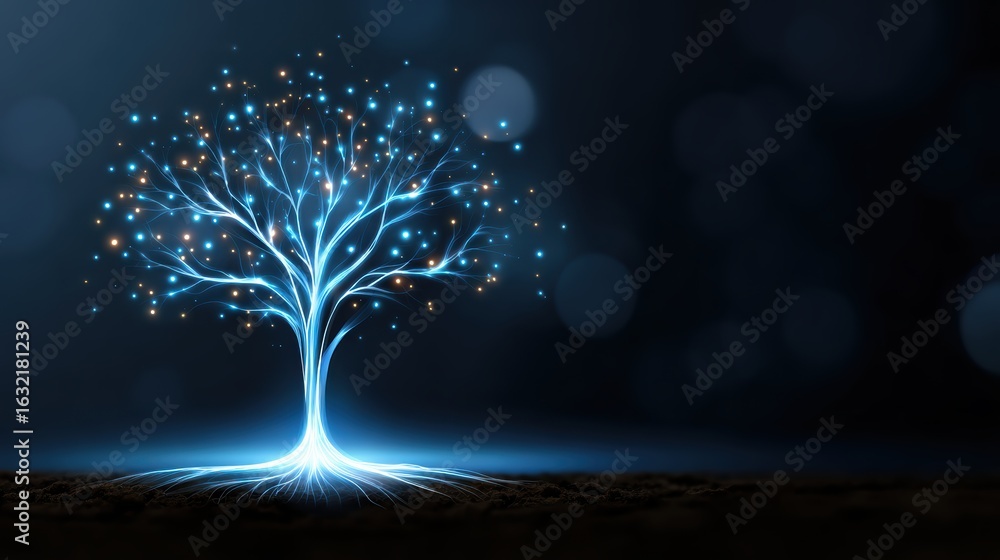Poster a glowing tree with intricate branches and roots, illuminated against a dark background, creating a 
