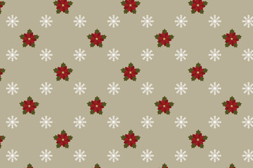 Poinsettia flower pattern – swatch available in swatches panel – seamless Christmas red flowers with snowflakes on beige background