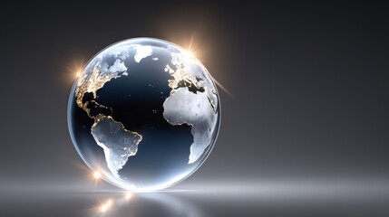 A glowing representation of Earth against a dark background, showcasing continents and city lights, symbolizing connectivity and global awareness.