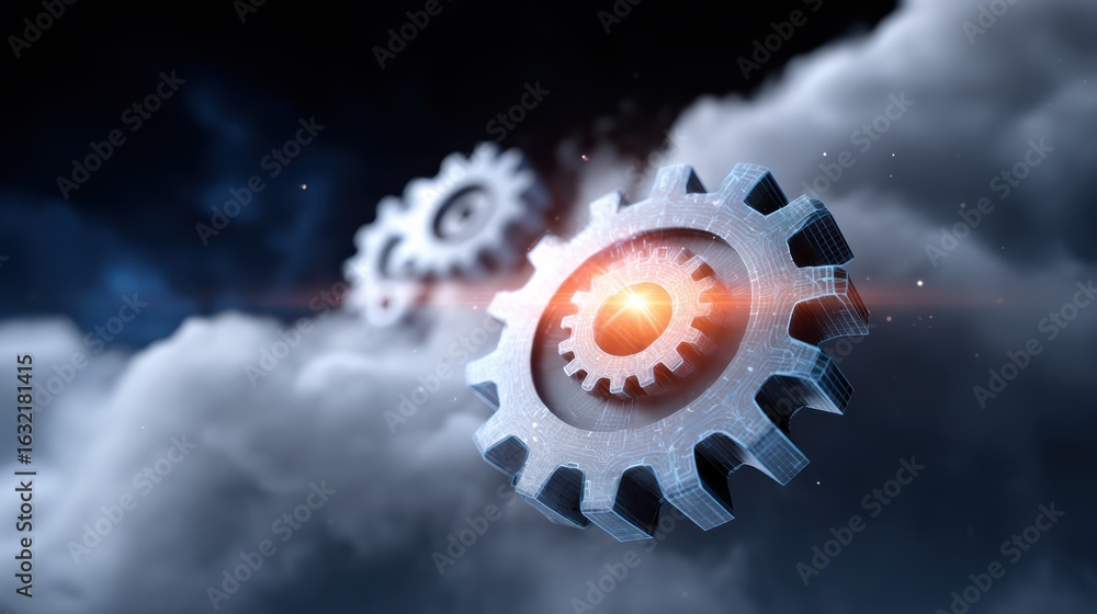 Poster a futuristic depiction of metallic gears surrounded by clouds, symbolizing technology and innovation