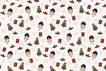 Christmas angel and gift pattern – swatch available in swatches panel – seamless cute angel, tree, holly, snowflakes and present background