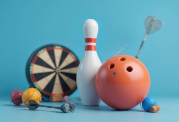  A serene still life of 3D clay modeled bowling ball, and darts, set against a cool blue backdrop, offering a calming yet vibrant