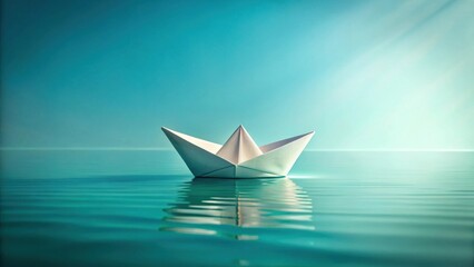Obraz premium A solitary paper boat navigates the tranquil, cerulean waters, its reflection mirroring a journey of hope and dreams under a serene sky.