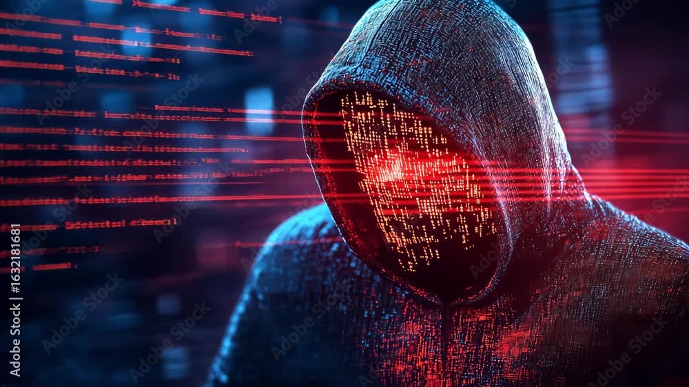 Poster a mysterious figure in hoodie with glowing digital elements portrays the concepts of cybersecurity t