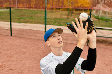 Teenage boy catches baseball during practice on a sunny field in autumn