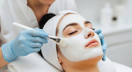 Professional beautician applies a white cosmetic mask to a client's face at a spa. Skincare, wellness, and beauty treatment concept showing a woman relaxing during a facial procedure