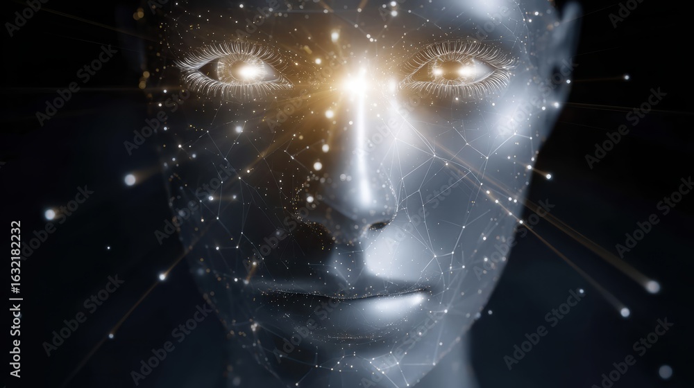 Poster a futuristic, digital representation of a human face with glowing features and interconnected nodes,
