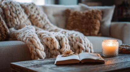 Cozy Interior with Chunky Blanket, Candlelight, and Open Book
