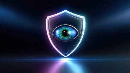 A digital shield featuring an eye, symbolizing protection and surveillance, set against a dark background with glowing edges.