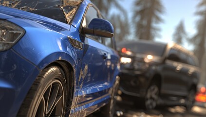 Close-up of a blue SUV, mud-splattered, in a forest setting.  Another dark SUV is in the background