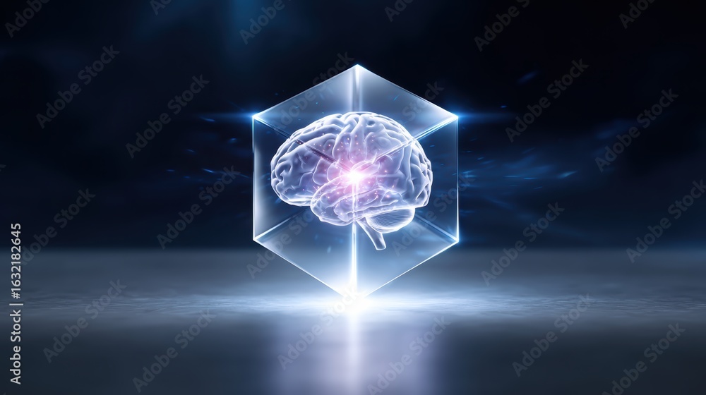 Poster a digital representation of a brain encased in a geometric crystal, symbolizing intelligence and adv
