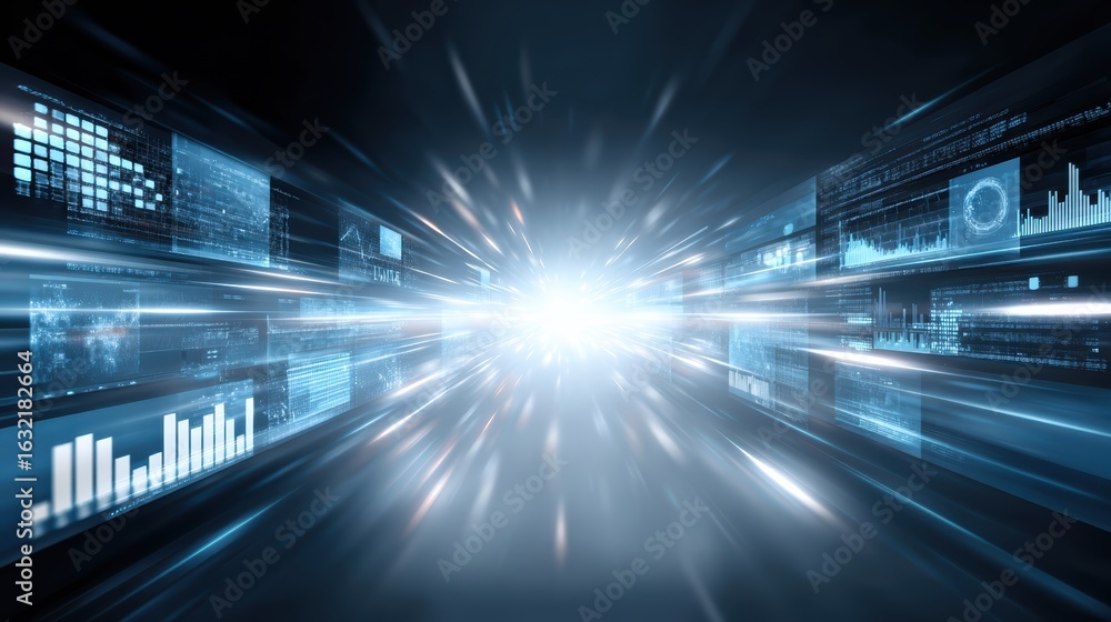 Poster a futuristic digital landscape featuring glowing data streams and graphs converging towards a bright