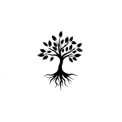 Silhouette of a tree with extensive roots.  A simple, black, graphic design of a tree with full leaves and a robust root system against a plain white background