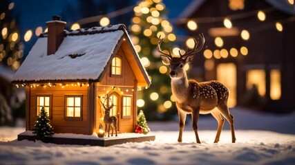 A festive, snowy night scene features a miniature house with glowing lights, deer, and a Christmas tree against blurred lights - Powered by Adobe