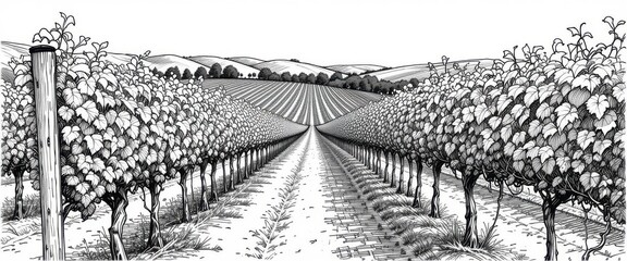  Etched Vineyard Intricate Line Art Depiction of Vineyard Rows
