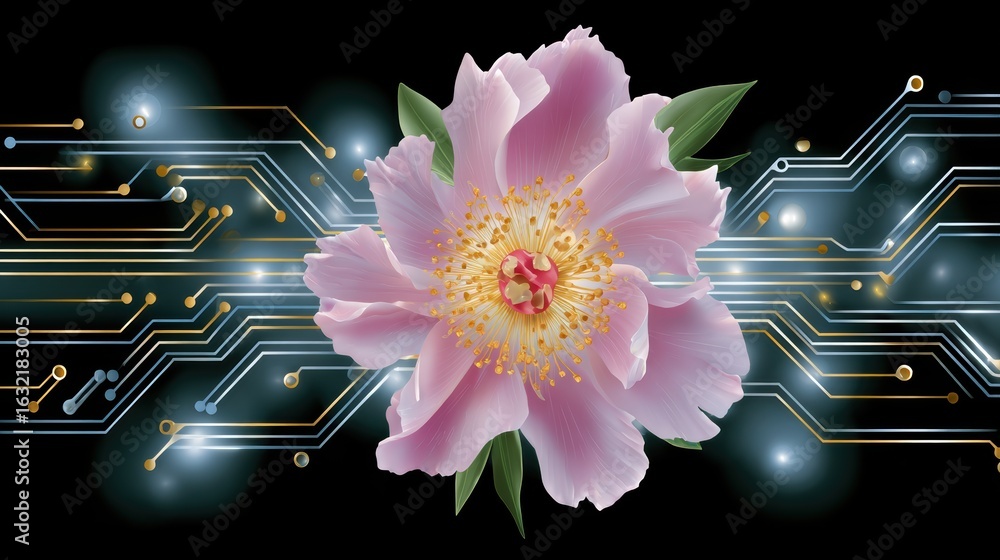 Poster a vibrant pink flower blends with digital circuit patterns, symbolizing the fusion of nature and tec