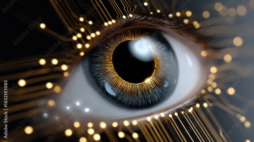 Poster a futuristic image of a human eye blended with digital circuit patterns, symbolizing the fusion of t