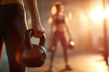 Woman holding kettlebell in gym, blurred background