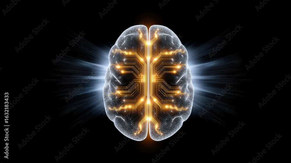 Poster a futuristic depiction of a brain integrated with circuitry, symbolizing the intersection of technol
