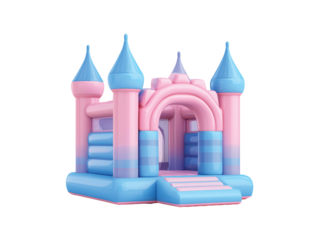 Pink and blue kid inflatable castle bounce house isolated on transparent background png