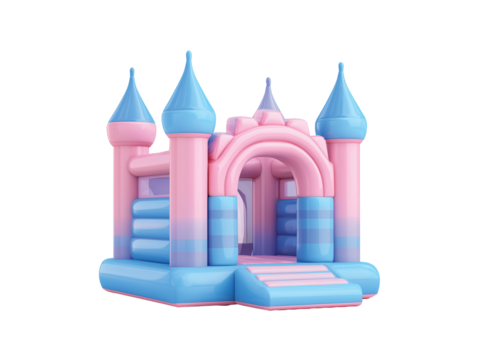 Pink and blue kid inflatable castle bounce house isolated on transparent background png