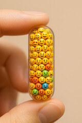 Close-up of a capsule filled with emoji faces representing mixed emotions, symbolizing the psychological impact of social media