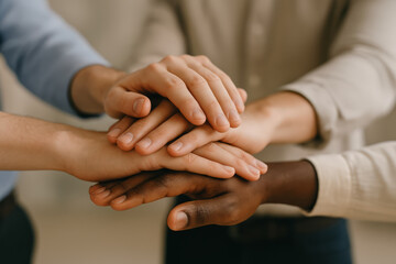 Diverse group of people stacking hands in a gesture of unity, teamwork, and mutual support