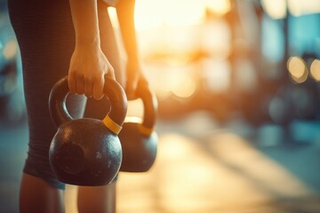 Woman lifting kettlebells in gym