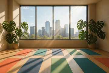 Bright yoga studio with colorful mats, large windows, and city skyline view, filled with natural light and tropical plants