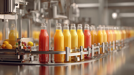 Juice bottles on an automated production line in a modern food factory environment.
