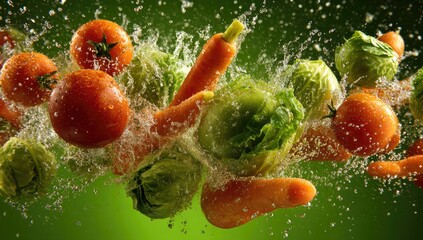 Fresh vegetables in mid-air, water splashes