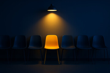 A single yellow chair illuminated among dark chairs, symbolizing the best job candidate, uniqueness, and standing out from the crowd