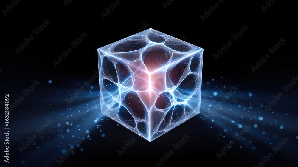 Poster a glowing, digital cube with intricate patterns and light effects against a dark background, suggest