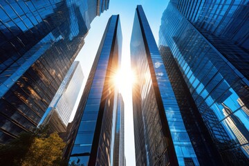 Urban skyscraper reflection city center photography daytime low angle modern architecture concepts
