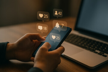 Person using smartphone with social media notifications for likes, comments, followers, and alerts, next to a laptop on a desk