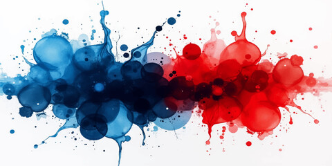 Red and blue paint splatter, ink splashes, and watercolor stains form a vivid, colorful grunge art pattern
